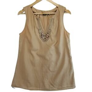 Eddie Bauer Tank Top Womens Medium Tan Sleeveless Tank Top Split Neck Sequins